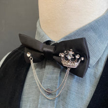 Load image into Gallery viewer, Black Satin Bow Tie with Silver Crown Jewellery and Chain - Steampunk - Phoenix Menswear