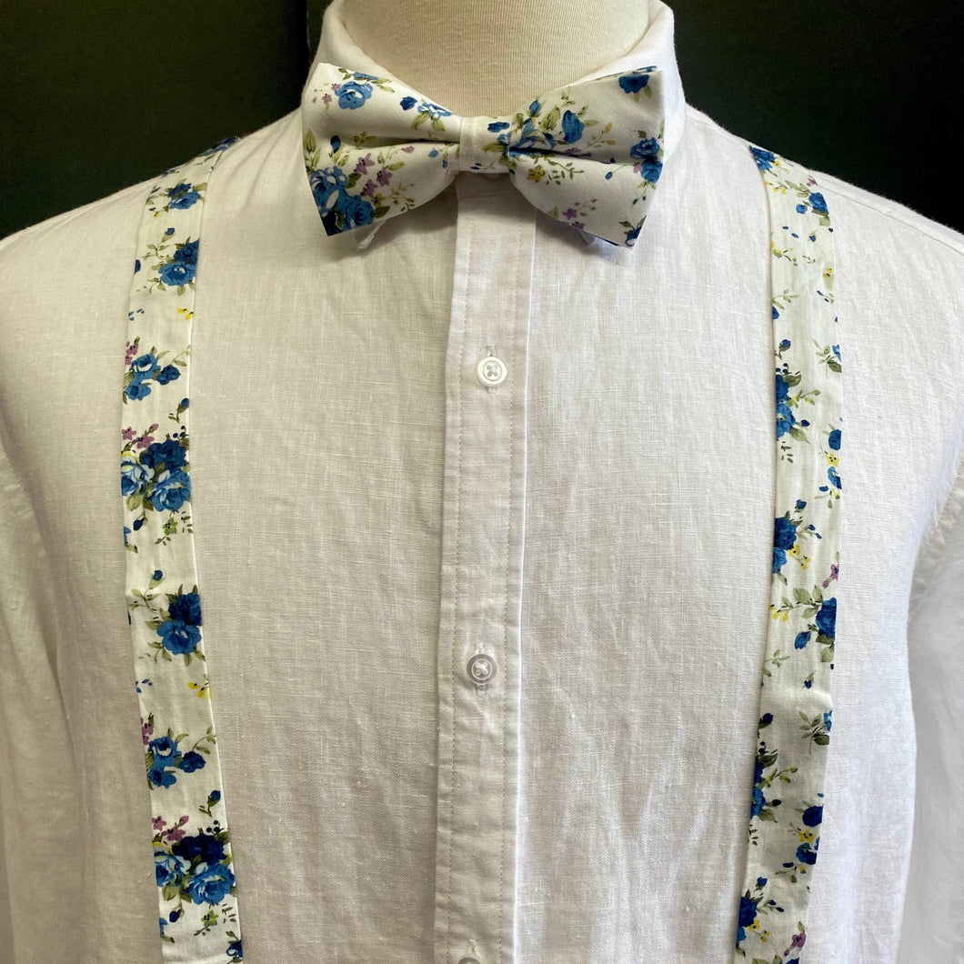 Bow Tie and Braces Suspenders Set - White with Blue Floral - Phoenix Menswear