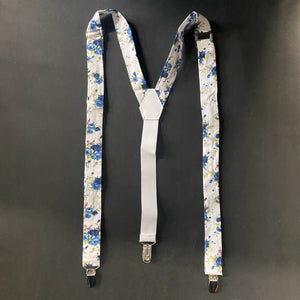 Bow Tie and Braces Suspenders Set - White with Blue Floral - Phoenix Menswear