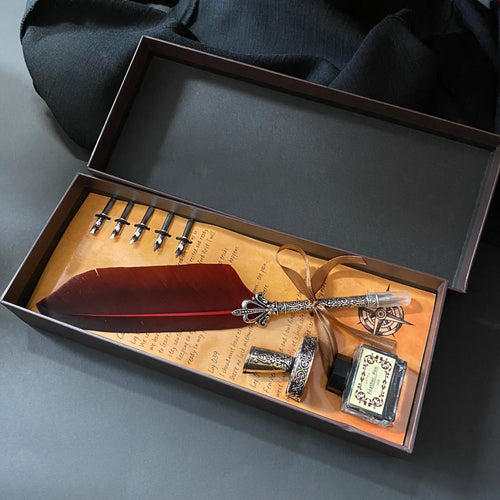 Boxed Calligraphy Set Feathered Pen with Nibs, Stand and Bottle. - Phoenix Menswear