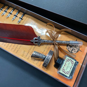 Boxed Calligraphy Set Feathered Pen with Nibs, Stand and Bottle. - Phoenix Menswear