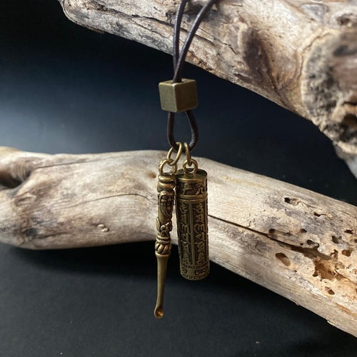 Brass Canister and Earpick on Leather Necklace - Phoenix Menswear