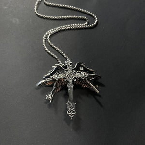 Gothic Cross with Wings Pendant on Chain Necklace - Phoenix Menswear