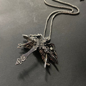 Gothic Cross with Wings Pendant on Chain Necklace - Phoenix Menswear