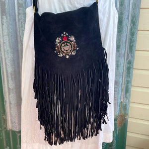 Handmade Suede Black Fringed Purse Royal Crown Patch Bag Boho Hippie Tribal - OOAK - Phoenix Menswear