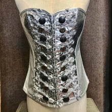 Load image into Gallery viewer, Immortal Kraft Silver Metallic Burlesque Corset Bodice Faux Snakeskin Silver Military Rope Buttons Trim Sz M/L - OOAK