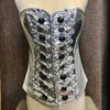 Immortal Kraft Silver Metallic Burlesque Corset Bodice Faux Snakeskin Silver Military Rope Buttons Trim Sz M/L - OOAK