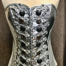 Load image into Gallery viewer, Immortal Kraft Silver Metallic Burlesque Corset Bodice Faux Snakeskin Silver Military Rope Buttons Trim Sz M/L - OOAK