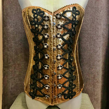 Load image into Gallery viewer, Immortal Kraft Gold Metallic Burlesque Corset Bodice Faux Snakeskin Black Military Rope Adjustable Sz S/M - OOAK