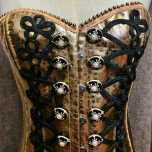 Load image into Gallery viewer, Immortal Kraft Gold Metallic Burlesque Corset Bodice Faux Snakeskin Black Military Rope Adjustable Sz S/M - OOAK