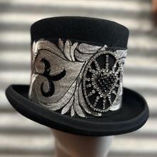Load image into Gallery viewer, Immortal Kraft Wool Felt Top Hat Metallic Silver Embroidery Rhinestone Heart Sunburst Trim Sz M - OOAK zz