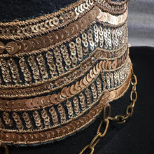 Load image into Gallery viewer, Immortal Kraft Wool Felt Top Hat Black Metallic Gold Sequin Embroidery Trim Gold Chains Sz L - OOAK zz