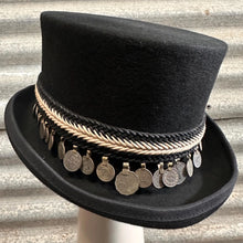 Load image into Gallery viewer, Immortal Kraft Wool Felt Top Hat Braided Black White Trim Silver Coins Sz XL - OOAK zz