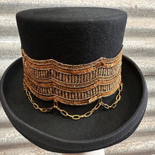 Load image into Gallery viewer, Immortal Kraft Wool Felt Top Hat Black Metallic Gold Sequin Embroidery Trim Gold Chains Sz L - OOAK zz