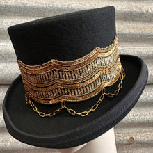 Load image into Gallery viewer, Immortal Kraft Wool Felt Top Hat Black Metallic Gold Sequin Embroidery Trim Gold Chains Sz L - OOAK zz