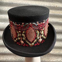 Load image into Gallery viewer, Immortal Kraft Wool Felt Top Hat Burgundy Green Floral Embroidered Trim Sz XL - OOAK zz