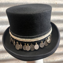 Load image into Gallery viewer, Immortal Kraft Wool Felt Top Hat Braided Black White Trim Silver Coins Sz XL - OOAK zz