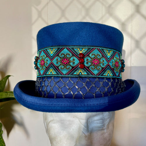 Immortal Kraft Blue Wool Felt Top Hat - Floral Embroidered Beaded Trim Sz L - OOAK - Phoenix Menswear