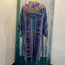 Load image into Gallery viewer, Immortal Kraft Duster Hooded Beaded Vintage Upcycled Woven Ikat Tapestry Navy Ochre Magenta Fringe Tassels Hand Made Boho One Size - OOAK zz - Phoenix Menswear