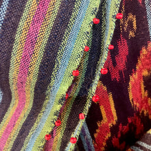 Load image into Gallery viewer, Immortal Kraft Duster Hooded Beaded Vintage Upcycled Woven Ikat Tapestry Navy Ochre Magenta Fringe Tassels Hand Made Boho One Size - OOAK zz - Phoenix Menswear