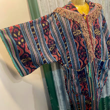 Load image into Gallery viewer, Immortal Kraft Duster Hooded Beaded Vintage Upcycled Woven Ikat Tapestry Navy Ochre Magenta Fringe Tassels Hand Made Boho One Size - OOAK zz - Phoenix Menswear