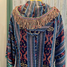 Load image into Gallery viewer, Immortal Kraft Duster Hooded Beaded Vintage Upcycled Woven Ikat Tapestry Navy Ochre Magenta Fringe Tassels Hand Made Boho One Size - OOAK zz - Phoenix Menswear