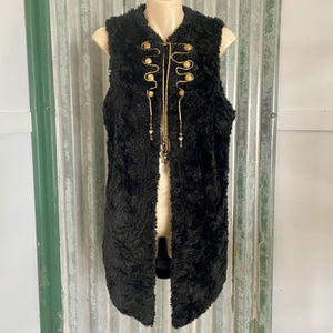Immortal Kraft Handmade Black Fake Fur Vest Gold Embellishments Vintage Buttons Sz S - OOAK - Phoenix Menswear