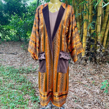 Load image into Gallery viewer, Immortal Kraft Upcycled L/S Duster Orange Brown Velvet Striped Fringed Pockets Jacket Gown Unisex One Size - OOAK - Phoenix Menswear