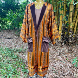 Immortal Kraft Upcycled L/S Duster Orange Brown Velvet Striped Fringed Pockets Jacket Gown Unisex One Size - OOAK - Phoenix Menswear