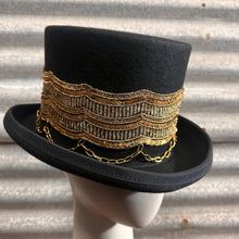 Load image into Gallery viewer, Immortal Kraft Wool Felt Top Hat Black Metallic Gold Sequin Embroidery Trim Gold Chains Sz M - OOAK zz - Phoenix Menswear
