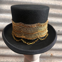 Load image into Gallery viewer, Immortal Kraft Wool Felt Top Hat Black Metallic Gold Sequin Embroidery Trim Gold Chains Sz M - OOAK zz - Phoenix Menswear