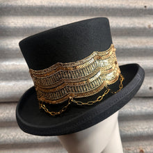 Load image into Gallery viewer, Immortal Kraft Wool Felt Top Hat Black Metallic Gold Sequin Embroidery Trim Gold Chains Sz M - OOAK zz - Phoenix Menswear