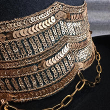 Load image into Gallery viewer, Immortal Kraft Wool Felt Top Hat Black Metallic Gold Sequin Embroidery Trim Gold Chains Sz M - OOAK zz - Phoenix Menswear