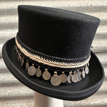 Load image into Gallery viewer, Immortal Kraft Wool Felt Top Hat Braided Black White Trim Silver Coins Sz XL - OOAK zz - Phoenix Menswear