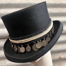 Load image into Gallery viewer, Immortal Kraft Wool Felt Top Hat Braided Black White Trim Silver Coins Sz XL - OOAK zz - Phoenix Menswear