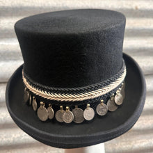 Load image into Gallery viewer, Immortal Kraft Wool Felt Top Hat Braided Black White Trim Silver Coins Sz XL - OOAK zz - Phoenix Menswear