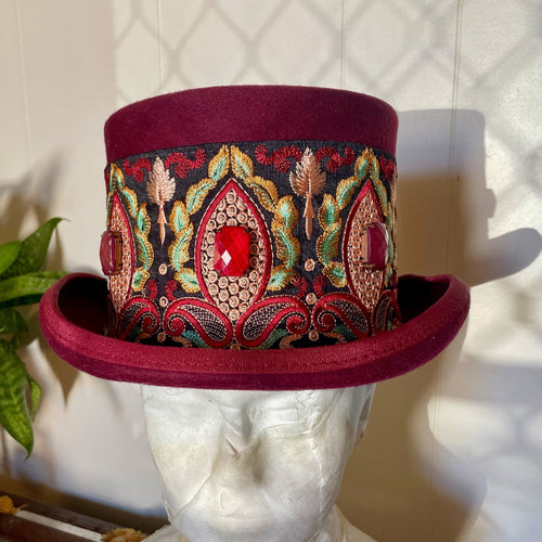 Immortal Kraft Wool Felt Top Hat Burgundy Floral Embroidered Beaded Trim Sz XL - OOAK - Phoenix Menswear