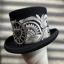 Load image into Gallery viewer, Immortal Kraft Wool Felt Top Hat Metallic Silver Embroidery Rhinestone Heart Sunburst Trim Sz M - OOAK zz - Phoenix Menswear