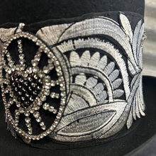 Load image into Gallery viewer, Immortal Kraft Wool Felt Top Hat Metallic Silver Embroidery Rhinestone Heart Sunburst Trim Sz M - OOAK zz - Phoenix Menswear