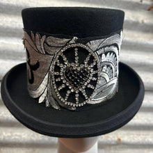 Load image into Gallery viewer, Immortal Kraft Wool Felt Top Hat Metallic Silver Embroidery Rhinestone Heart Sunburst Trim Sz M - OOAK zz - Phoenix Menswear