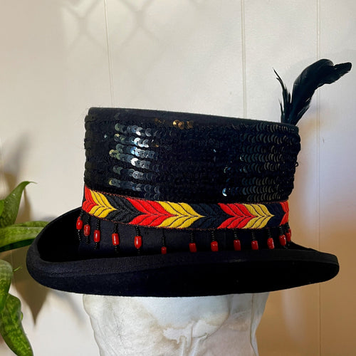 Immortal Kraft Wool Felt Top Hat - Orange Yellow Black Embroidered Trim Black Feathers Beads Sz M - OOAK - Phoenix Menswear