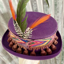 Load image into Gallery viewer, Immortal Kraft Wool Felt Top Hat Purple Vintage Embroidered Trim Feathers Fringe Circus Sz XL - OOAK - Phoenix Menswear