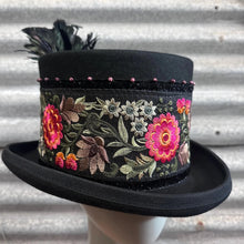 Load image into Gallery viewer, Immortal Kraft Wool Felt Top Hat Red Green Embroidered Floral Trim Beads Feathers Sz L - OOAK zz - Phoenix Menswear