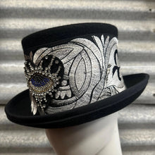 Load image into Gallery viewer, Immortal Kraft Wool Felt Top Hat Silver Floral Embroidery Rhinestone Heart Eye Sunburst Trim Sz S - OOAK zz - Phoenix Menswear