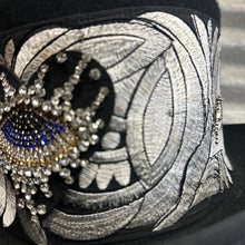 Load image into Gallery viewer, Immortal Kraft Wool Felt Top Hat Silver Floral Embroidery Rhinestone Heart Eye Sunburst Trim Sz S - OOAK zz - Phoenix Menswear