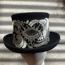 Load image into Gallery viewer, Immortal Kraft Wool Felt Top Hat Silver Floral Embroidery Rhinestone Heart Eye Sunburst Trim Sz S - OOAK zz - Phoenix Menswear