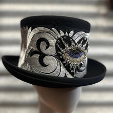 Load image into Gallery viewer, Immortal Kraft Wool Felt Top Hat Silver Floral Embroidery Rhinestone Heart Eye Sunburst Trim Sz S - OOAK zz - Phoenix Menswear