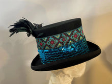 Load image into Gallery viewer, Immortal Kraft Wool Felt Top Hat – Turquoise Sequin Embroidered Trim, Feathers, Sz M zz - Phoenix Menswear