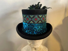 Load image into Gallery viewer, Immortal Kraft Wool Felt Top Hat – Turquoise Sequin Embroidered Trim, Feathers, Sz M zz - Phoenix Menswear