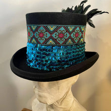 Load image into Gallery viewer, Immortal Kraft Wool Felt Top Hat – Turquoise Sequin Embroidered Trim, Feathers, Sz M zz - Phoenix Menswear